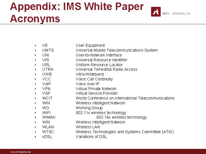 Appendix: IMS White Paper Acronyms • • • • • www. sti-innsbruck. at UE