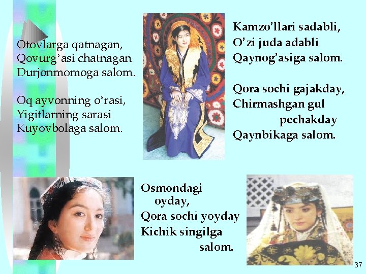 Otovlarga qatnagan, Qovurg’asi chatnagan Durjonmomoga salom. Oq ayvonning o’rasi, Yigitlarning sarasi Kuyovbolaga salom. Kamzo’llari