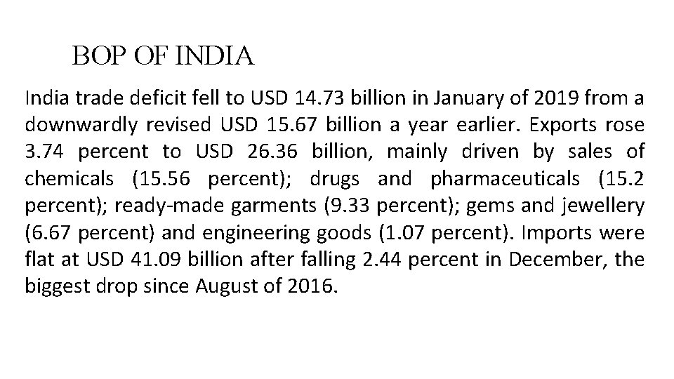 BOP OF INDIA India trade deficit fell to USD 14. 73 billion in January