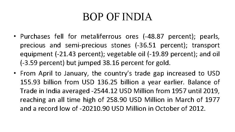 BOP OF INDIA • Purchases fell for metaliferrous ores (-48. 87 percent); pearls, precious