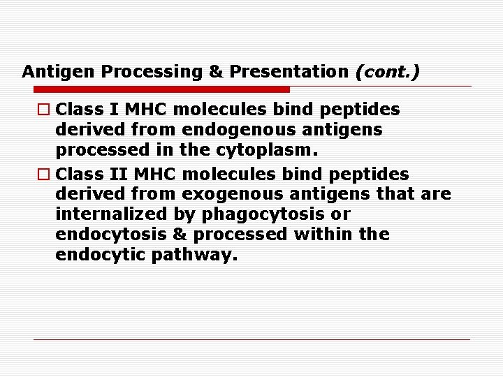 Antigen Processing & Presentation (cont. ) o Class I MHC molecules bind peptides derived