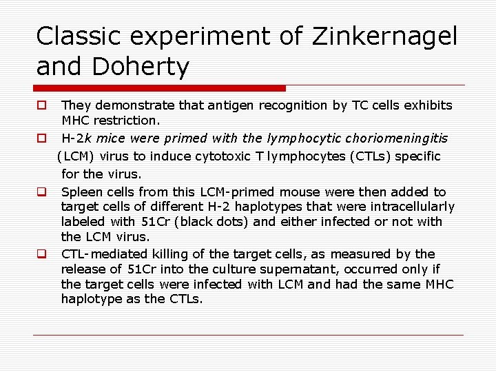 Classic experiment of Zinkernagel and Doherty They demonstrate that antigen recognition by TC cells