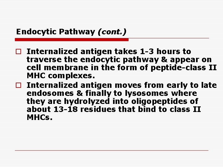 Endocytic Pathway (cont. ) o Internalized antigen takes 1 -3 hours to traverse the