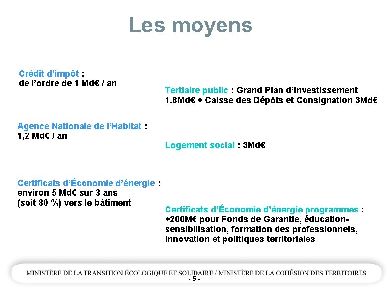 Les moyens Crédit d’impôt : de l’ordre de 1 Md€ / an Agence Nationale