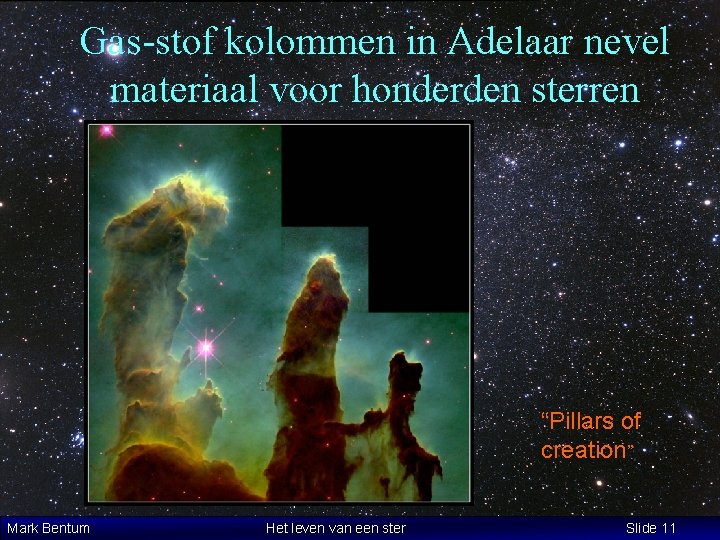 Gas-stof kolommen in Adelaar nevel materiaal voor honderden sterren “Pillars of creation” Mark Bentum