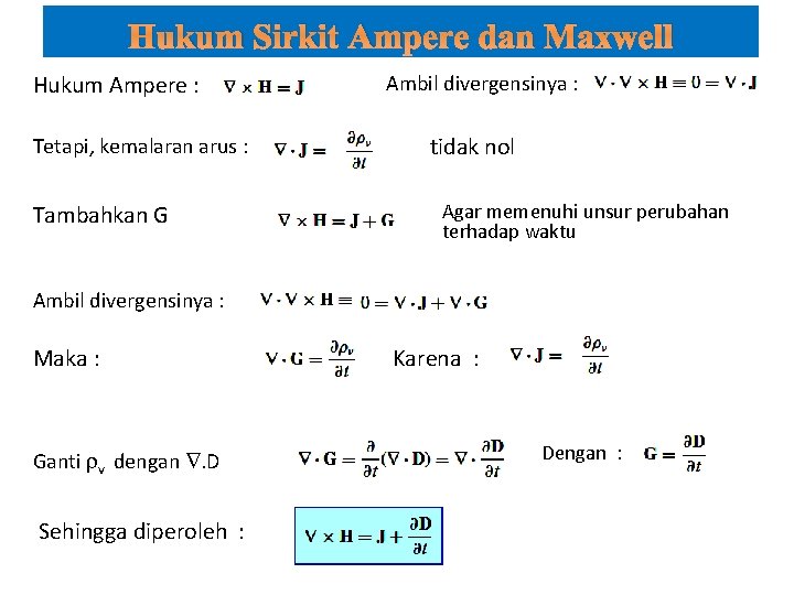 Hukum Sirkit Ampere dan Maxwell Hukum Ampere : Tetapi, kemalaran arus : Tambahkan G