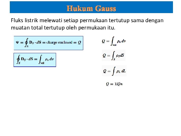 Hukum Gauss Fluks listrik melewati setiap permukaan tertutup sama dengan muatan total tertutup oleh