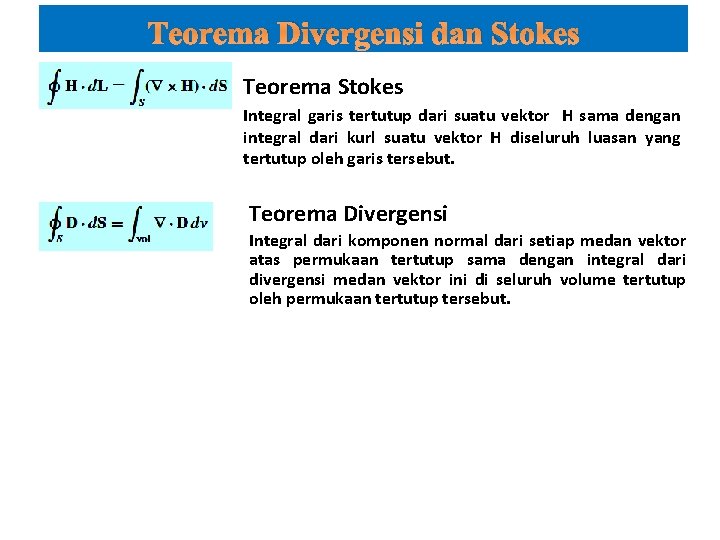 Teorema Divergensi dan Stokes Teorema Stokes Integral garis tertutup dari suatu vektor H sama
