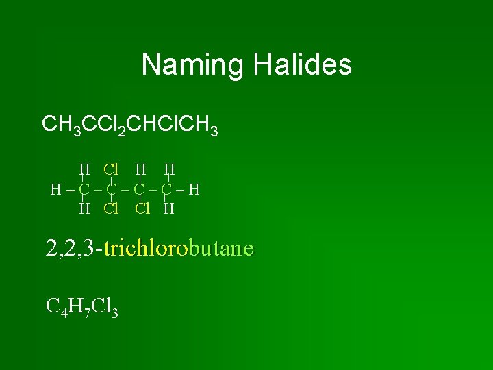 Naming Halides CH 3 CCl 2 CHCl. CH 3 H Cl H H H–C–C–H