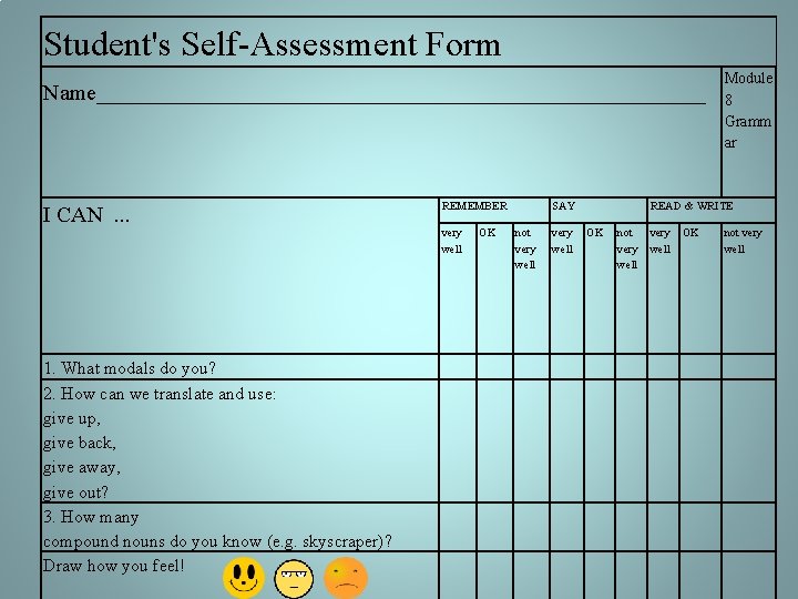 Student's Self-Assessment Form Name____________________________ I CAN. . . 1. What modals do you? 2.