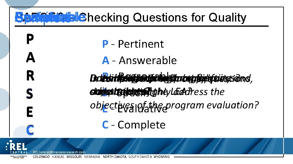 Specific – Checking Questions for Quality Answerable Pertinent Reasonable PARSEC Evaluative Complete P A