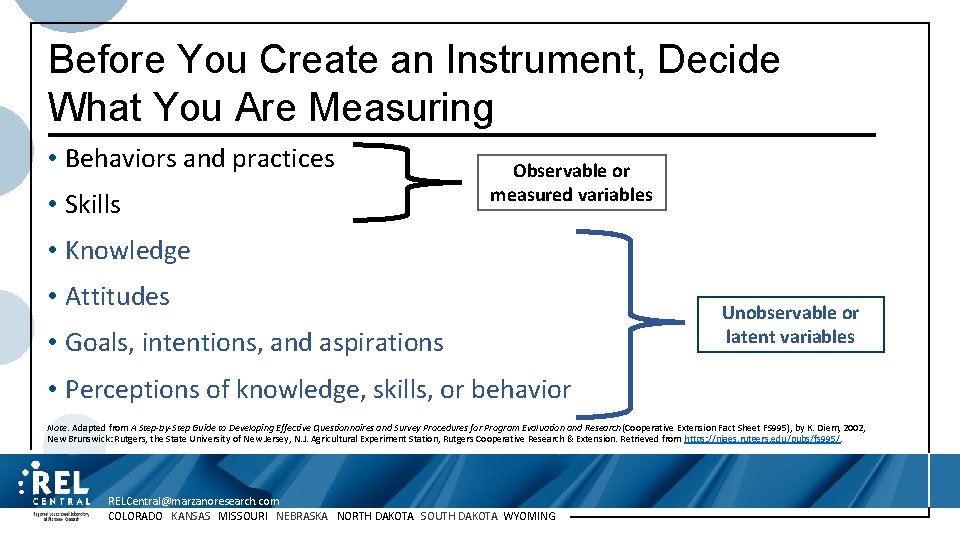 Before You Create an Instrument, Decide What You Are Measuring • Behaviors and practices