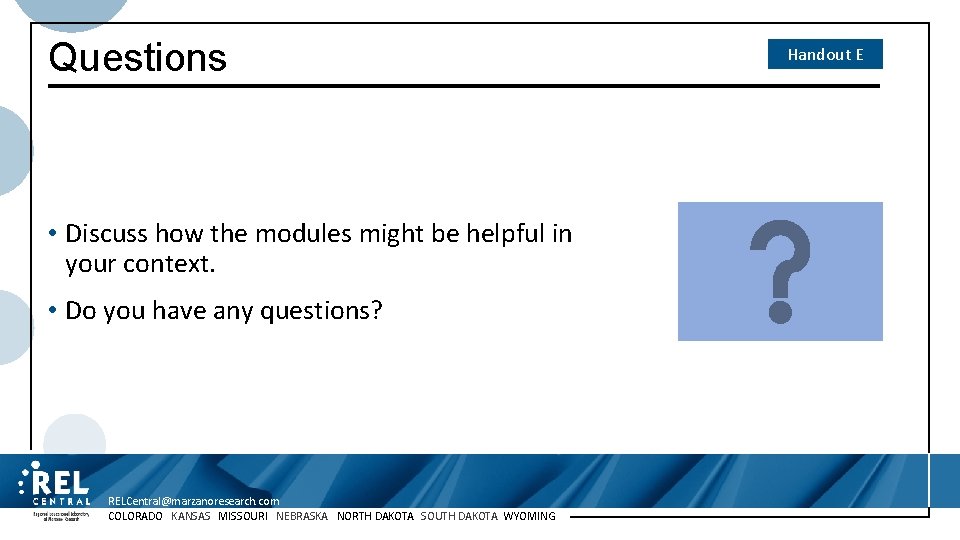 Questions • Discuss how the modules might be helpful in your context. • Do