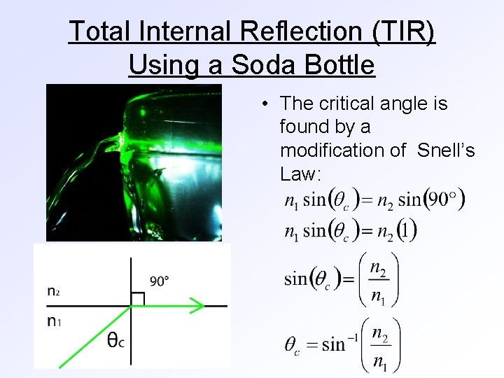 Total Internal Reflection (TIR) Using a Soda Bottle • The critical angle is found