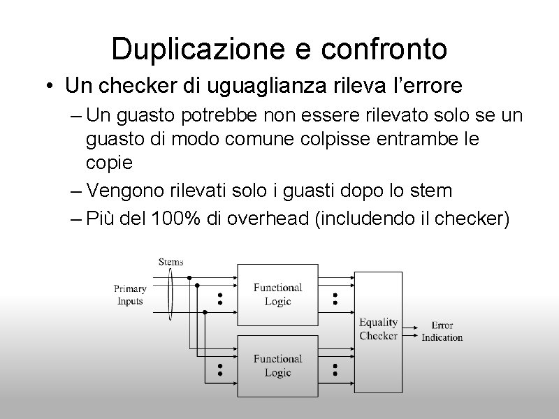 Duplicazione e confronto • Un checker di uguaglianza rileva l’errore – Un guasto potrebbe