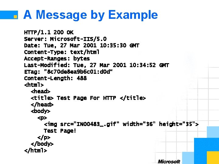 A Message by Example HTTP/1. 1 200 OK Server: Microsoft-IIS/5. 0 Date: Tue, 27