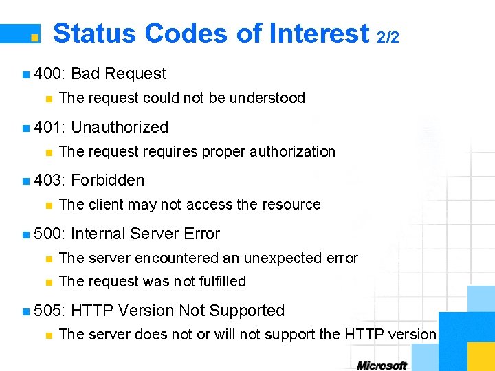 Status Codes of Interest 2/2 n 400: n The request could not be understood