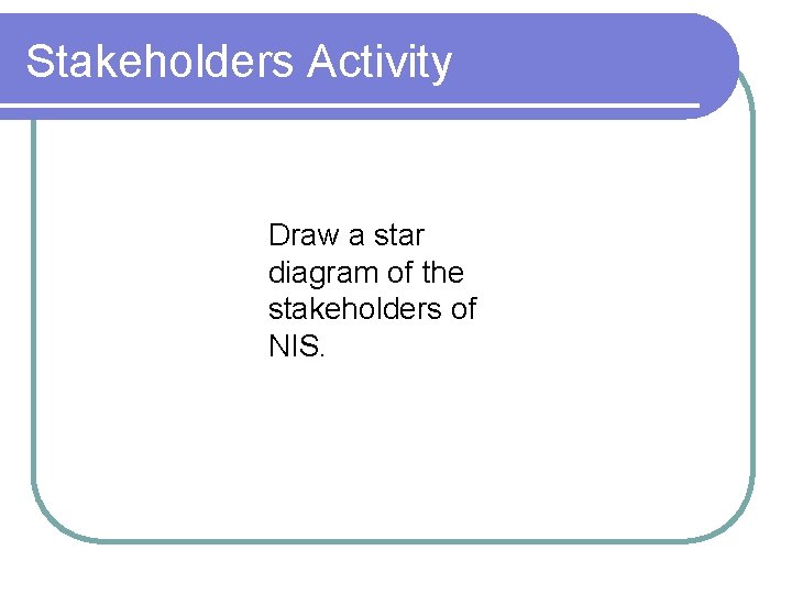 Stakeholders Activity Draw a star diagram of the stakeholders of NIS. 