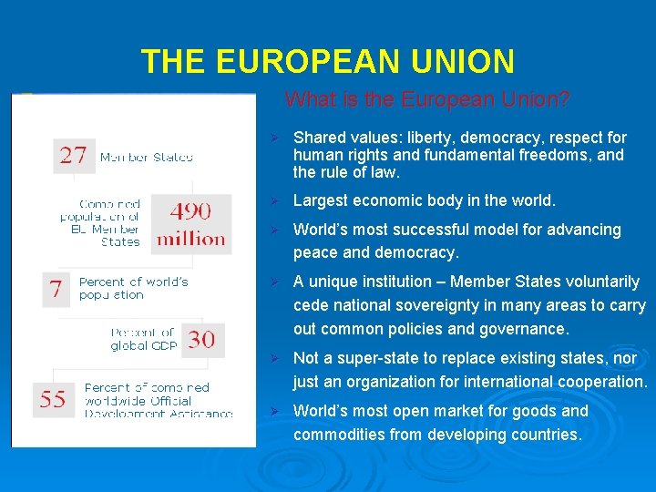 THE EUROPEAN UNION What is the European Union? Ø Shared values: liberty, democracy, respect