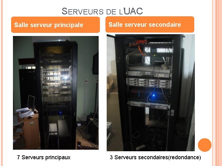 SERVEURS DE L’UAC Salle serveur principale 7 Serveurs principaux Salle serveur secondaire 3 Serveurs