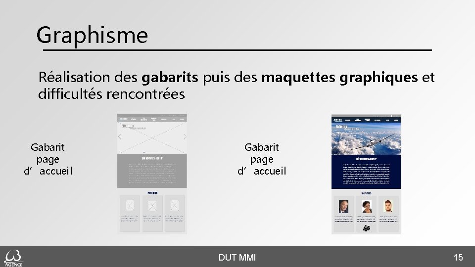 Graphisme Réalisation des gabarits puis des maquettes graphiques et difficultés rencontrées Gabarit page d’accueil