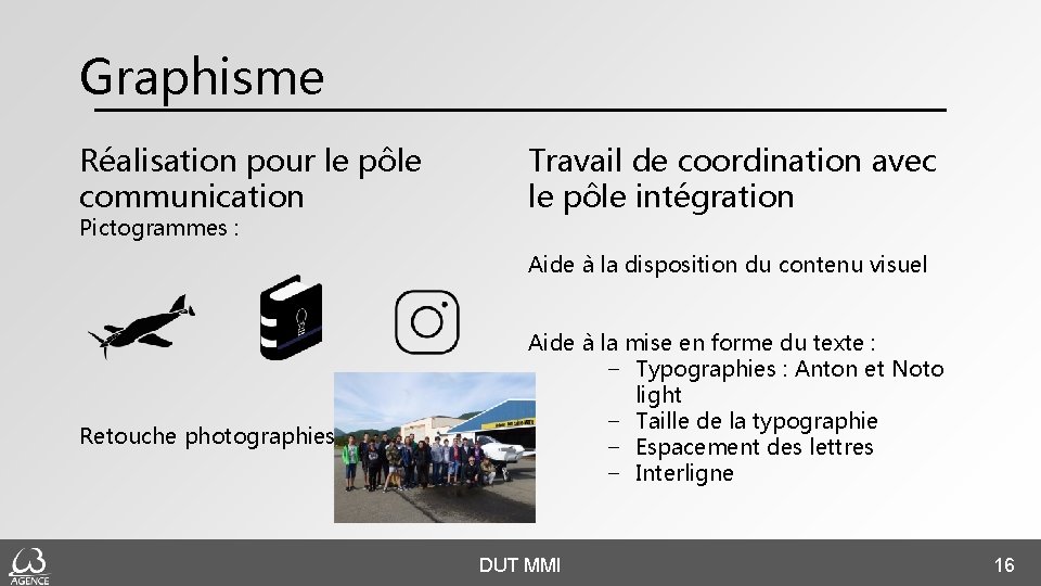 Graphisme Réalisation pour le pôle communication Pictogrammes : Travail de coordination avec le pôle