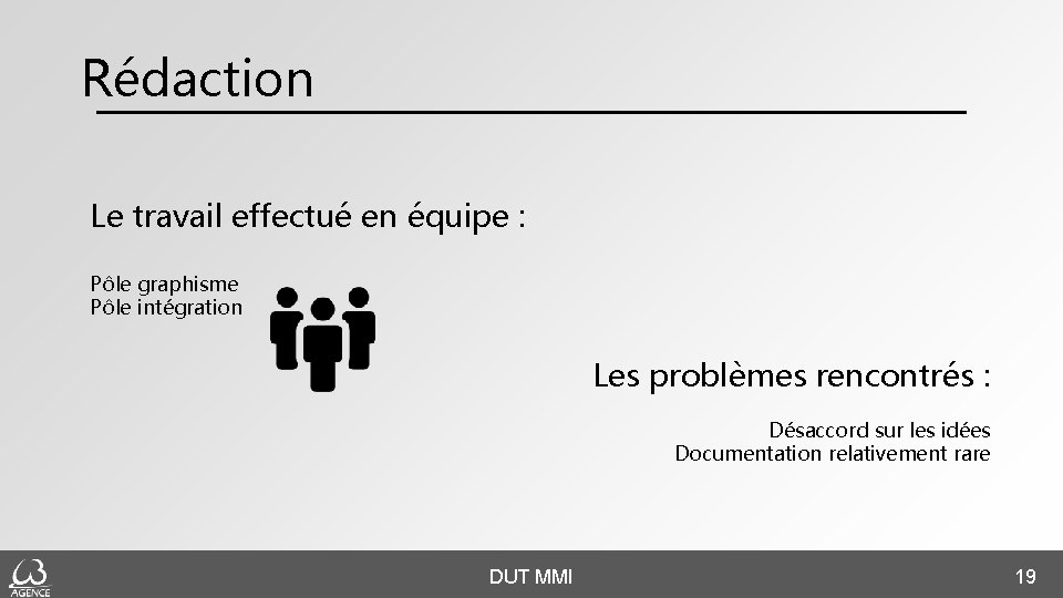 Rédaction Le travail effectué en équipe : Pôle graphisme Pôle intégration Les problèmes rencontrés