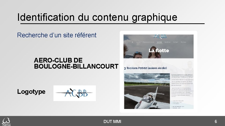 Identification du contenu graphique Recherche d’un site référent AERO-CLUB DE BOULOGNE-BILLANCOURT Logotype DUT MMI