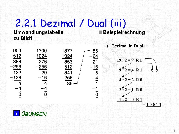 2. 2. 1 Dezimal / Dual (iii) Umwandlungstabelle zu Bild 1 Beispielrechnung i ÜBUNGEN