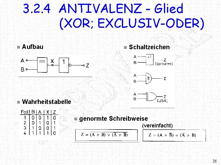 3. 2. 4 ANTIVALENZ - Glied (XOR; EXCLUSIV-ODER) n Aufbau n Wahrheitstabelle n n