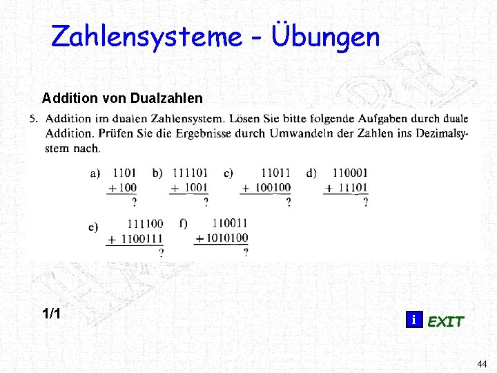 Zahlensysteme - Übungen Addition von Dualzahlen 1/1 i EXIT 44 