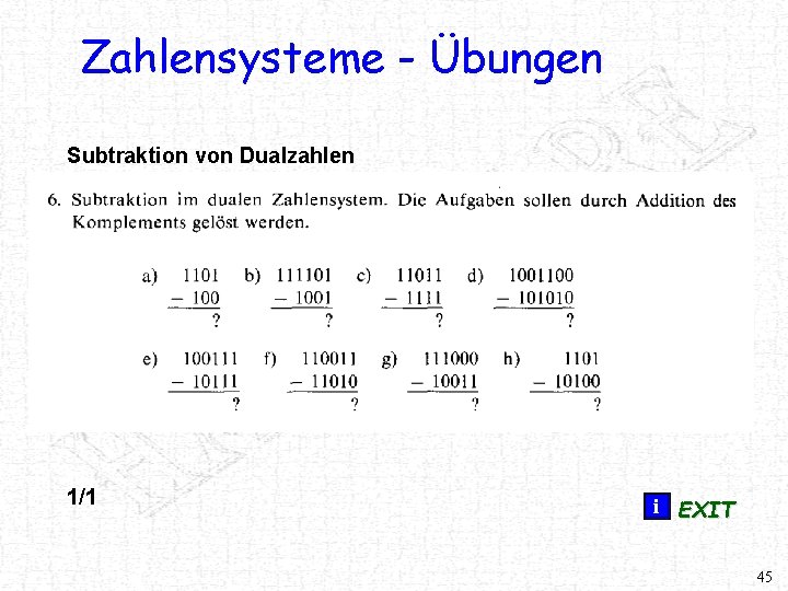 Zahlensysteme - Übungen Subtraktion von Dualzahlen 1/1 i EXIT 45 