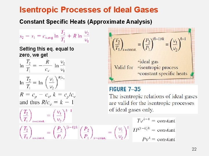 Isentropic Processes of Ideal Gases Constant Specific Heats (Approximate Analysis) Setting this eq. equal Isentropic Processes of Ideal Gases Constant Specific Heats (Approximate Analysis) Setting this eq. equal