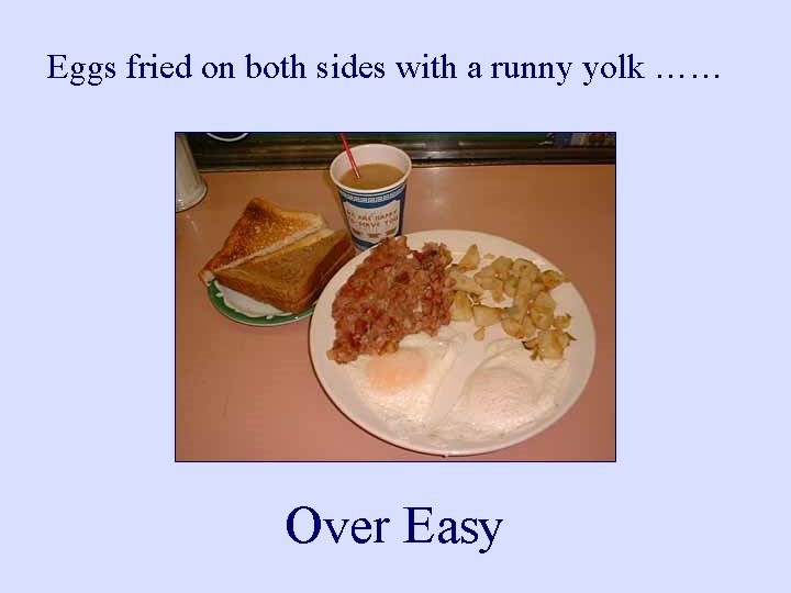 Eggs fried on both sides with a runny yolk …… Over Easy 