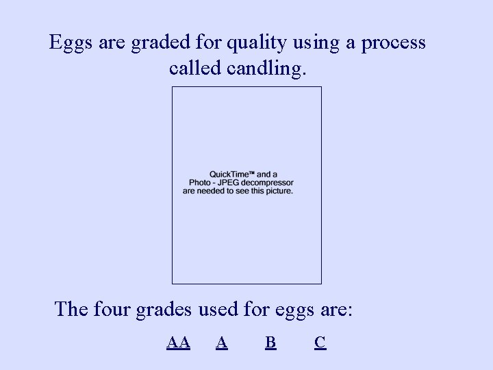 Eggs are graded for quality using a process called candling. The four grades used