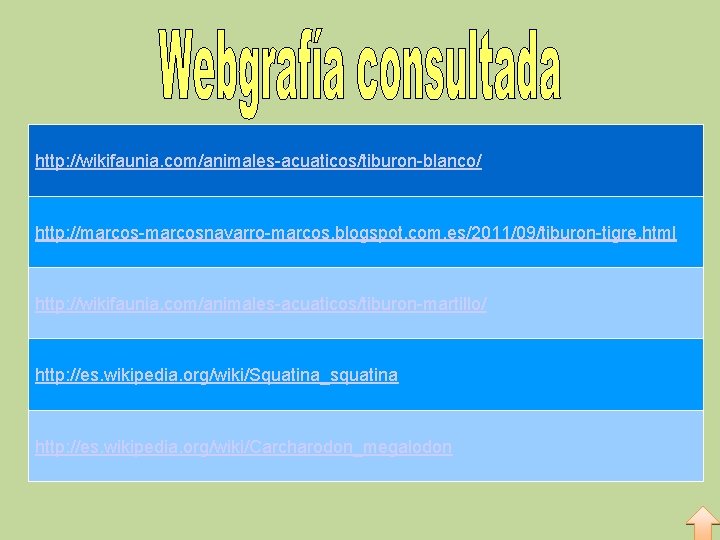 http: //wikifaunia. com/animales-acuaticos/tiburon-blanco/ http: //marcos-marcosnavarro-marcos. blogspot. com. es/2011/09/tiburon-tigre. html http: //wikifaunia. com/animales-acuaticos/tiburon-martillo/ http: //es.