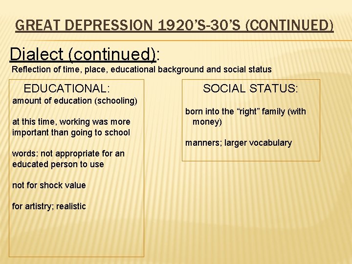 GREAT DEPRESSION 1920’S-30’S (CONTINUED) Dialect (continued): Reflection of time, place, educational background and social