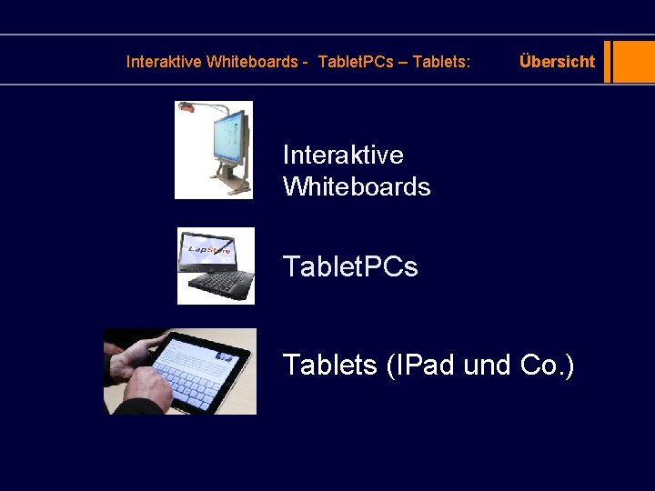 Interaktive Whiteboards - Tablet. PCs – Tablets: Übersicht Interaktive Whiteboards Tablet. PCs Tablets (IPad