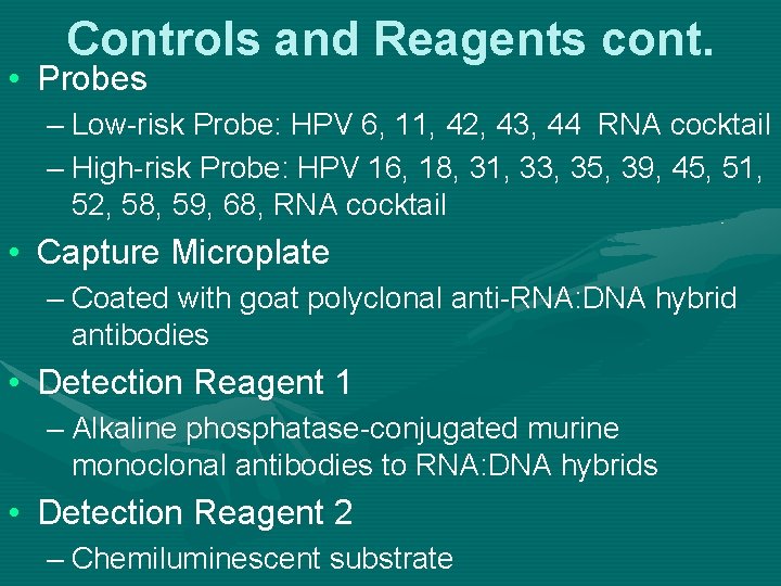 Controls and Reagents cont. • Probes – Low-risk Probe: HPV 6, 11, 42, 43,