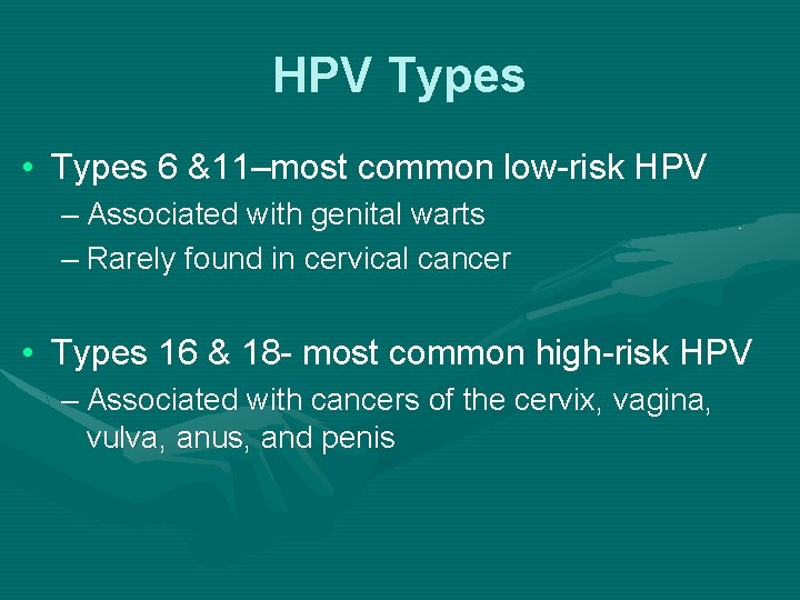 HPV Types • Types 6 &11–most common low-risk HPV – Associated with genital warts