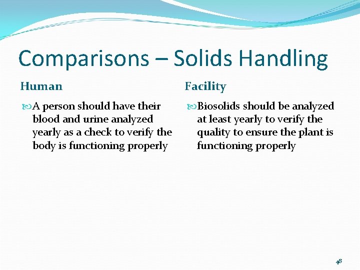 Comparisons – Solids Handling Human Facility A person should have their blood and urine