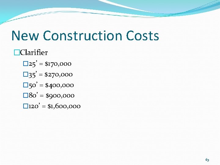 New Construction Costs �Clarifier � 25’ = $170, 000 � 35’ = $270, 000