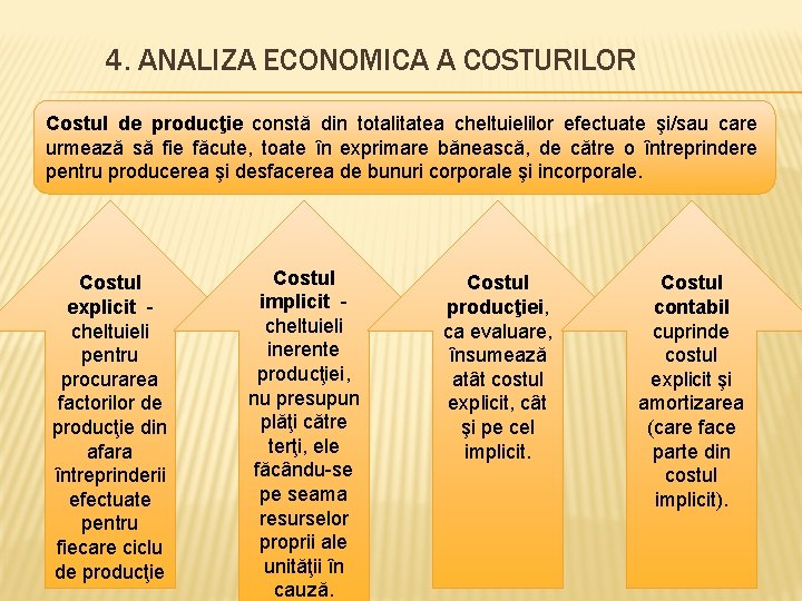 4. ANALIZA ECONOMICA A COSTURILOR Costul de producţie constă din totalitatea cheltuielilor efectuate şi/sau 4. ANALIZA ECONOMICA A COSTURILOR Costul de producţie constă din totalitatea cheltuielilor efectuate şi/sau