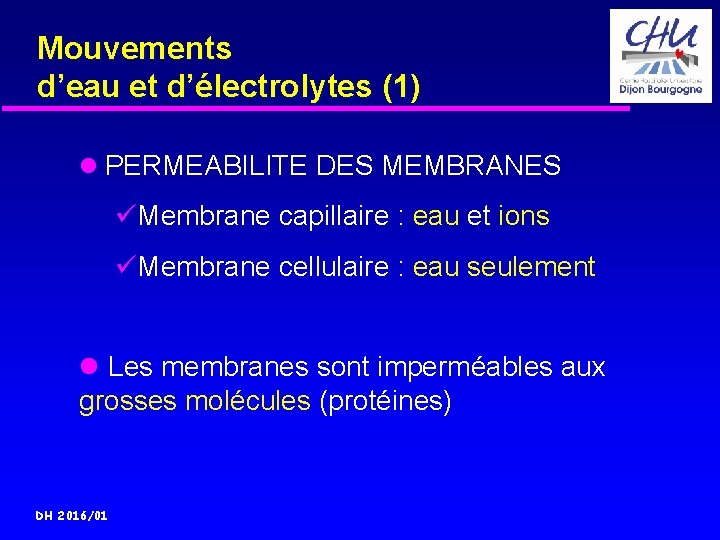 Mouvements d’eau et d’électrolytes (1) PERMEABILITE DES MEMBRANES üMembrane capillaire : eau et ions