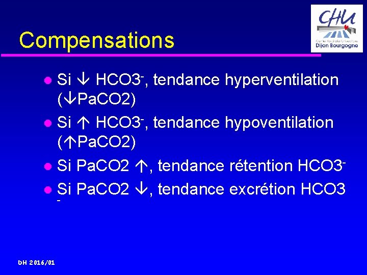 Compensations Si HCO 3 -, tendance hyperventilation ( Pa. CO 2) Si HCO 3