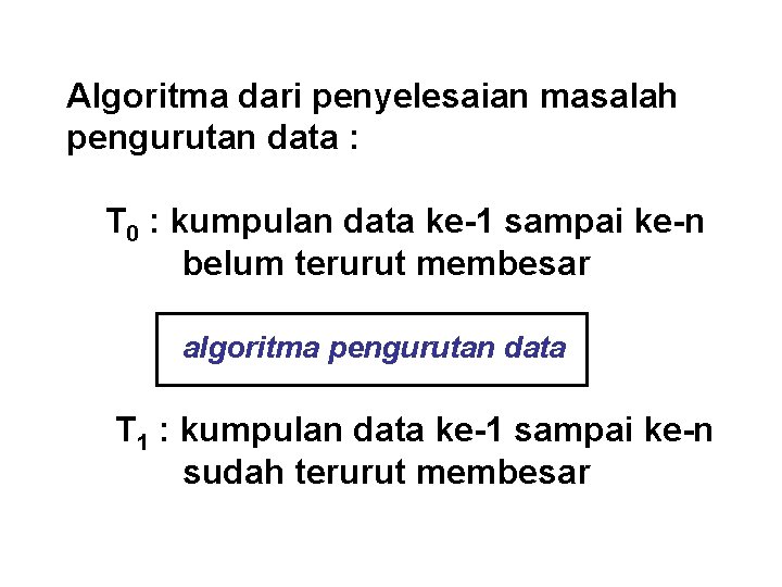 Algoritma dari penyelesaian masalah pengurutan data : T 0 : kumpulan data ke-1 sampai