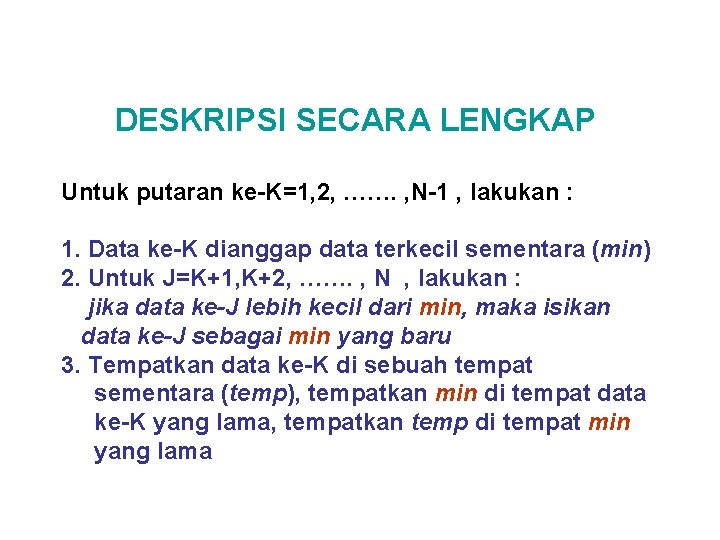 DESKRIPSI SECARA LENGKAP Untuk putaran ke-K=1, 2, ……. , N-1 , lakukan : 1.