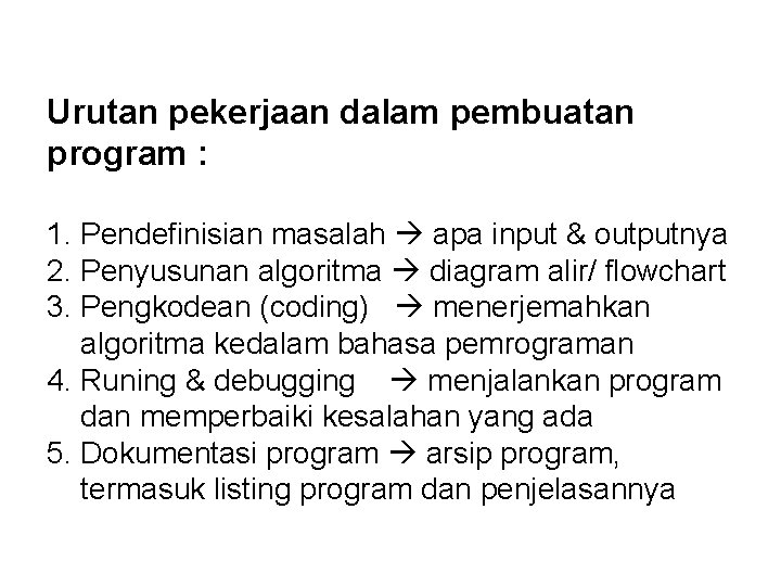 Urutan pekerjaan dalam pembuatan program : 1. Pendefinisian masalah apa input & outputnya 2.