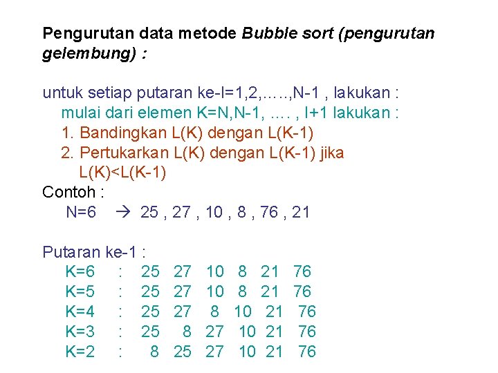 Pengurutan data metode Bubble sort (pengurutan gelembung) : untuk setiap putaran ke-I=1, 2, ….