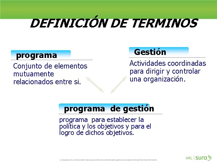 DEFINICIÓN DE TERMINOS Gestión programa Conjunto de elementos mutuamente relacionados entre si. Actividades coordinadas